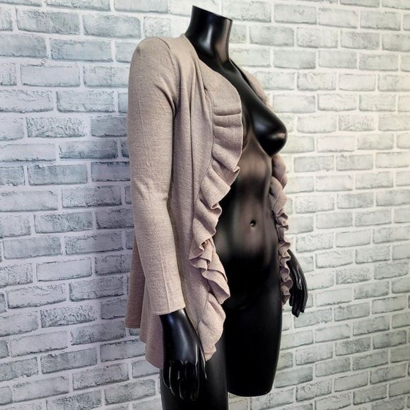 Tory Burch Womens M Tan Merino Wool Ruffle Open Front Cardigan Sweater - Picture 5 of 8